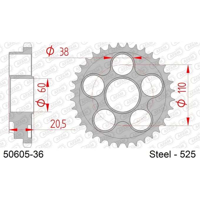 Stalen motortandwiel achteraan Afam 525 36 dents