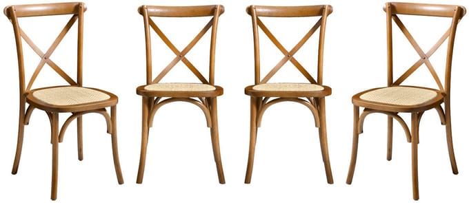 sweeek - Set van 4 vintage rubberhouten bistrostoelen, zitting van rotan, stapelbaar - belleville