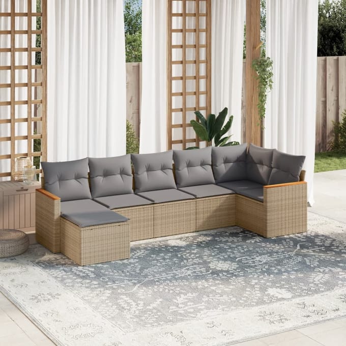 vidaXL - 7-delige - Loungeset - met - kussens - poly - rattan - gemengd - beige