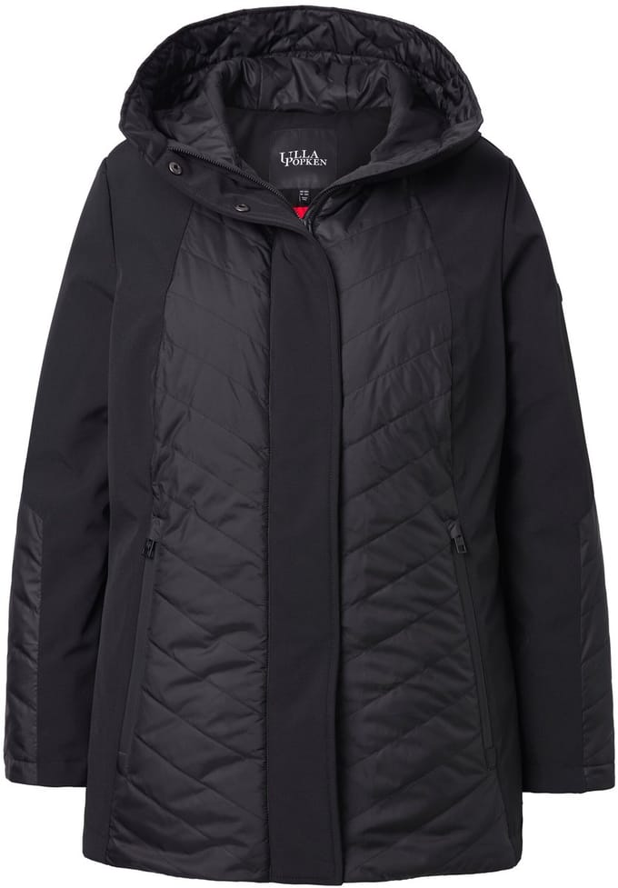 Ulla Popken - Dames - HYPRAR doorgestikte softshell jas A-lijn capuchon - Zwart - Maat 46+