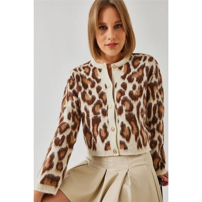 Leopardprint Gebreide Cardigan met Knopen Sluiting