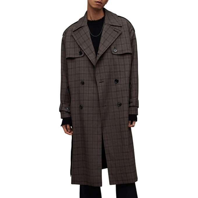 AllSaints Castor Trench Brown Check Maat: L | Trenchcoats Outlet | Heren | Bruin