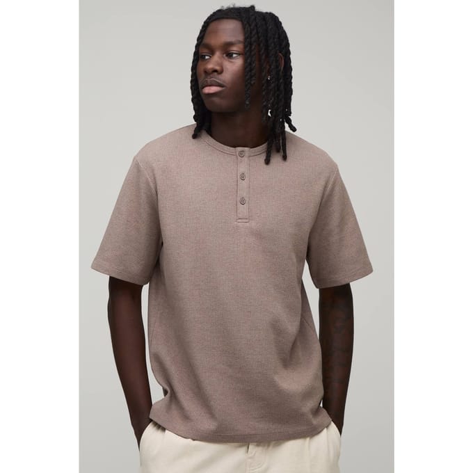 Regular Fit Waffle Henley T-Shirt | Taupe | Size Medium