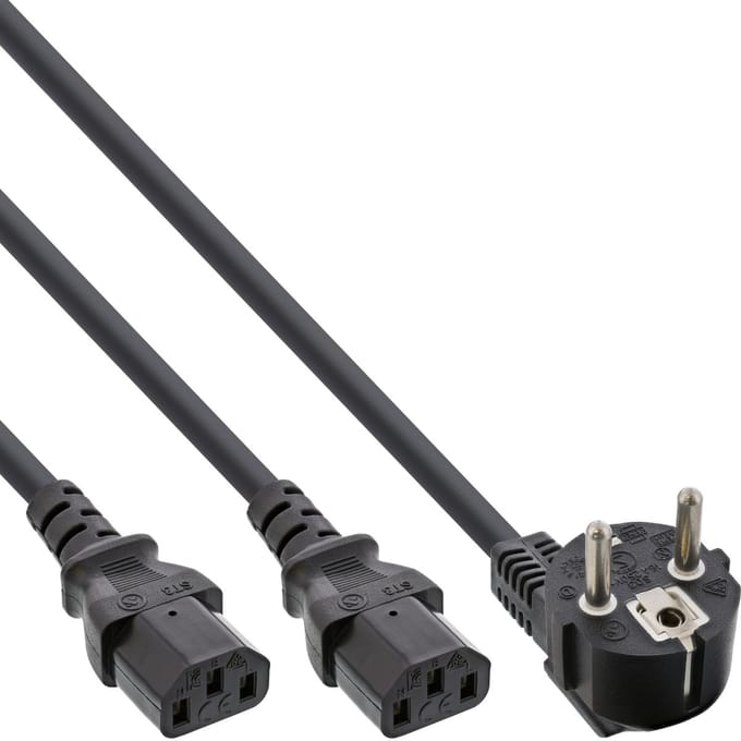 2x C13 - CEE 7/7 (haaks) Y-stroomkabel - 1,50m + 2x 1,50m - 3x 1,00mm / zwart - 3 meter