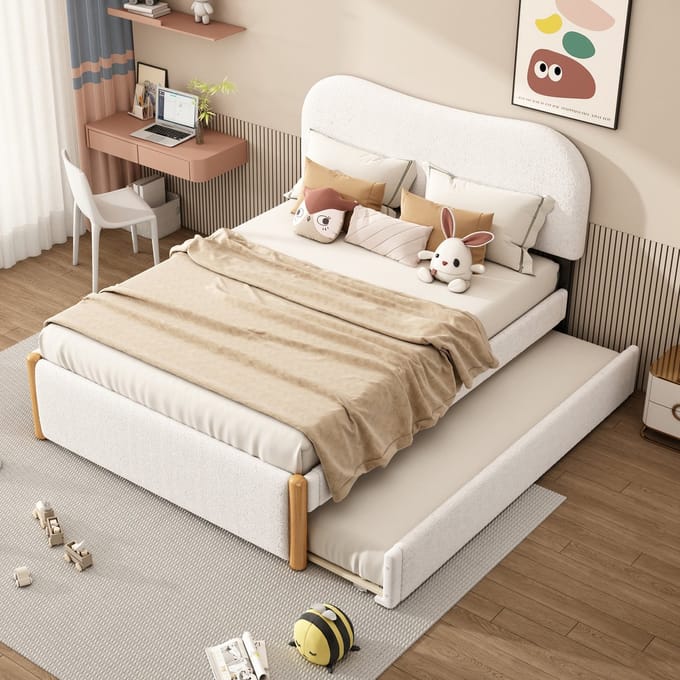 Tweepersoonsbed - 140x200 cm - Gestoffeerd met Uitschuifbed - Wit