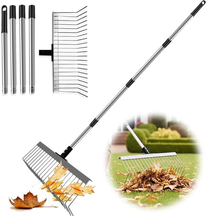 Tuinbladhark - Gazonhark - Bladeren Verzamelen - Verstelbare Werkbreedte - 53-160 cm - Zilver