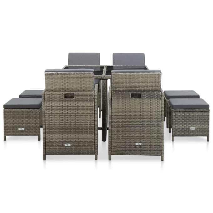 vidaXL - 9-delige - Tuinset - met - kussens - poly - rattan - grijs