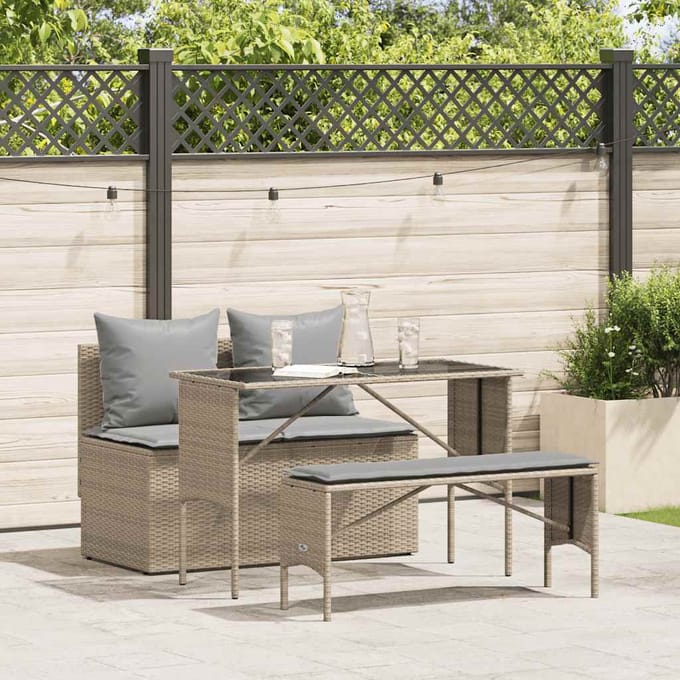 vidaXL - 3-delige - Tuinset - met - kussens - poly - rattan - beige