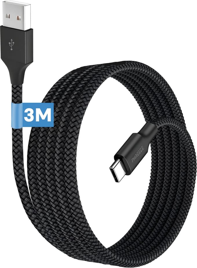 Usb C naar usb A kabel - 3 meter lang - Stevig nylon - Usb naar usb C - Oplaadkabel usb C - Zwart - Phreeze