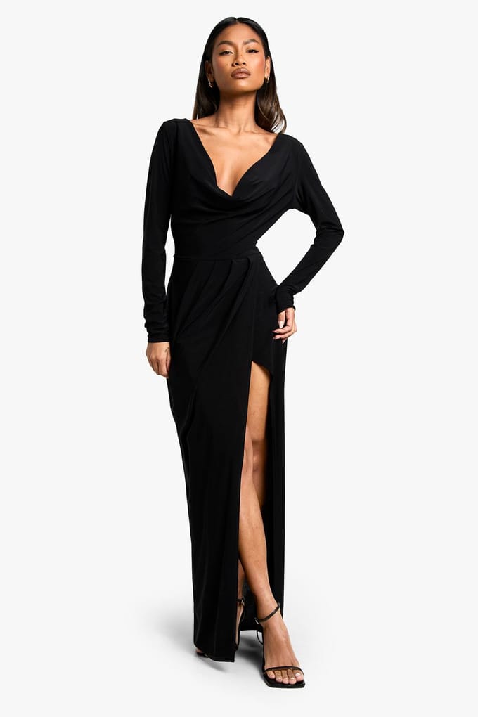 boohoo Dames Langarm Wrap Maxi Jurk | Zwart | Maat: 46