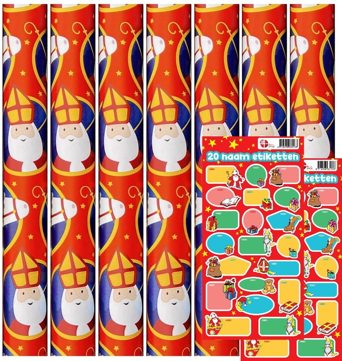 Sinterklaaspapier Pakpapier inpakpapier - 3 meter x 70 cm - 7 rollen - Incl. 40 Sint Naamstickers