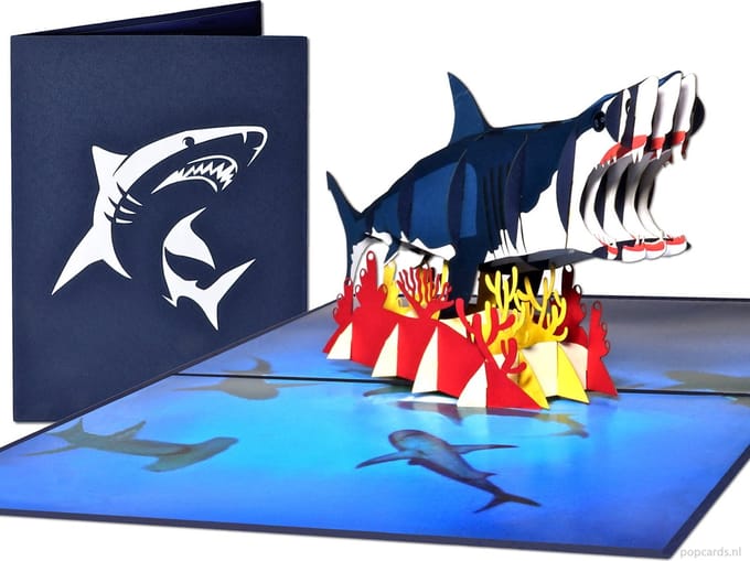 Popcards.nl pop-up kaart – Witte Haai Great White Mensenhaai Jaws Groot formaat pop-up kaart 3D wenskaart