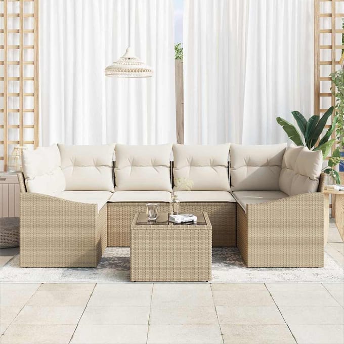 vidaXL - Bankstel - 7 - st - Beige - en - Crème - 234 - x - 123,5 - x - 85 - cm - poly - rattan