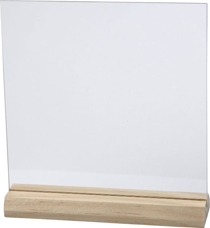 Glazen plaat met houten voet, afm 15,5x15,5 cm, dikte 28 mm, 10 set