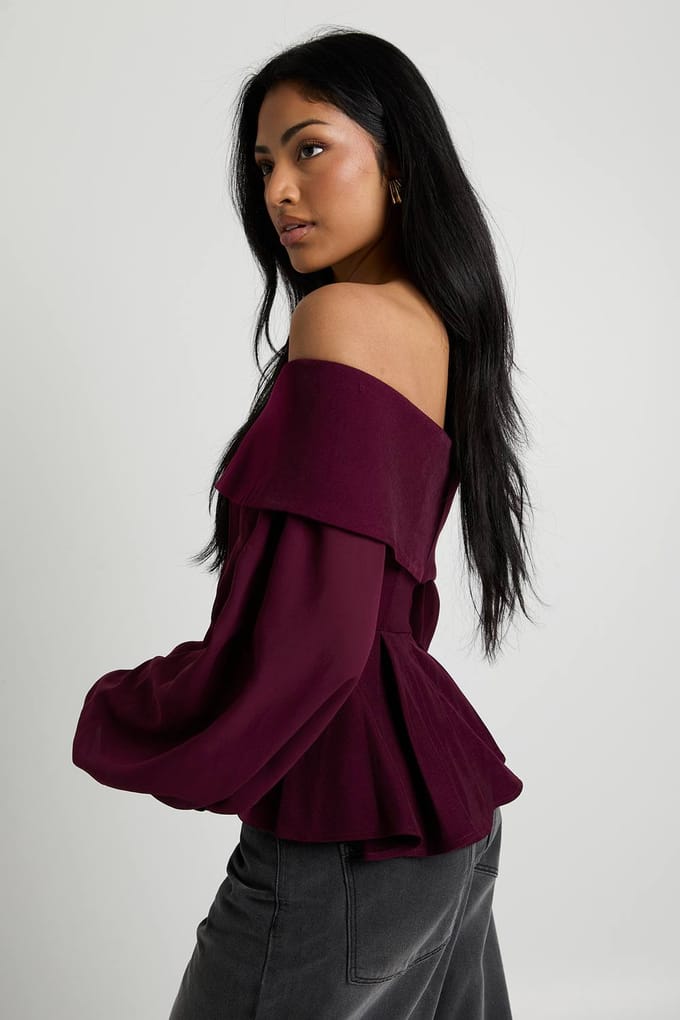 boohoo Dames Chiffon crêpe Bardot-blouse | Plum | Maat: 6