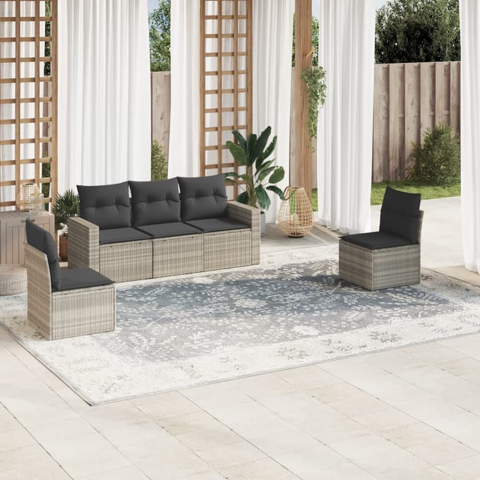 vidaXL - 5-delige - Loungeset - met - kussens - poly - rattan - lichtgrijs