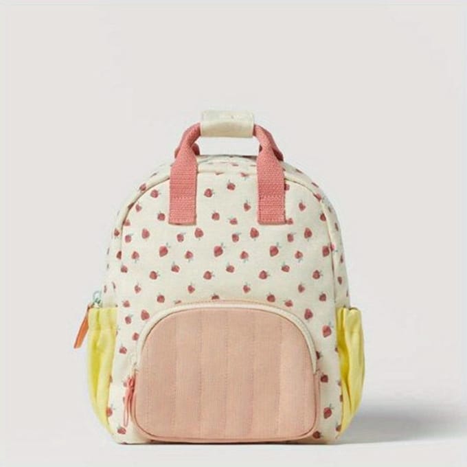 Rugzak met Aardbeienprint, Geborduurde Canvas Tas Kinder Tas beige