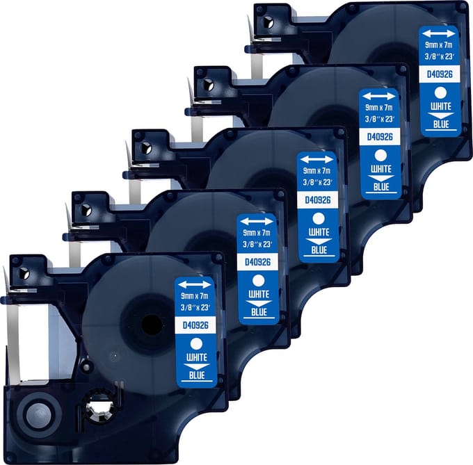 DULA Dymo D1 40926 Compatible label tape - 5 lettertapes - Wit op blauw - 9mm x 7m