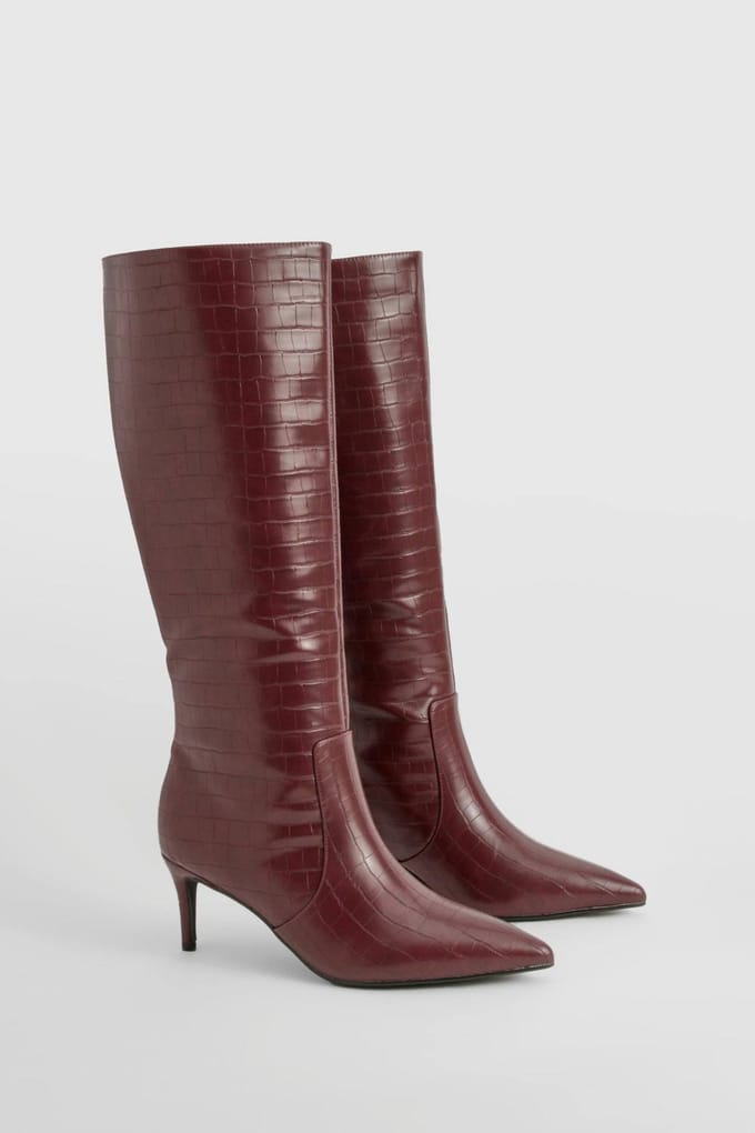 boohoo Dames Gebogen stiletto kniehoge laarzen | Oxblood | Maat: 36