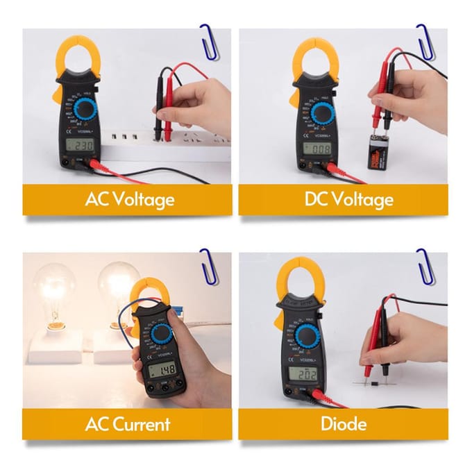 Digitale stroomtang-multimeter meet weerstand, wissel- en gelijkstroom, spanning aarde geel
