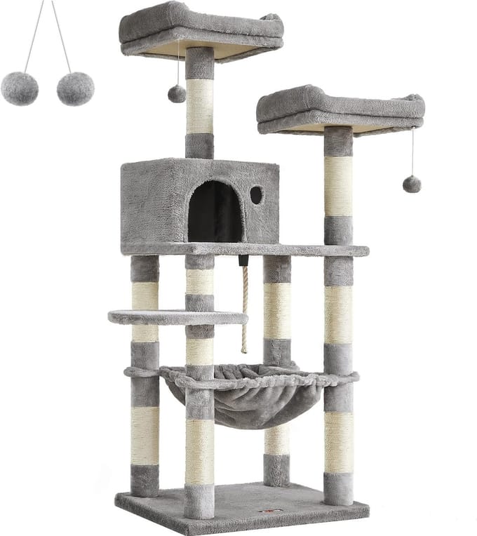 Krabpaal voor Katten - 143 cm - Met Hangmat, 2 Uitkijkplateaus - Grijs
