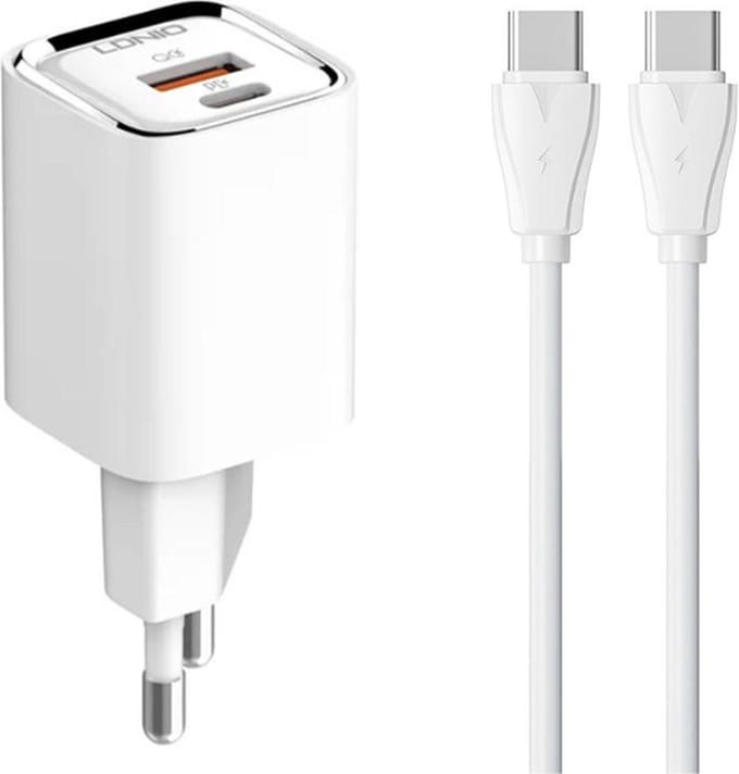 LDNIO 2in1 Oplader USB-C en USB-A - USB-C naar USB-C kabel - 30W - Snellader - Wit