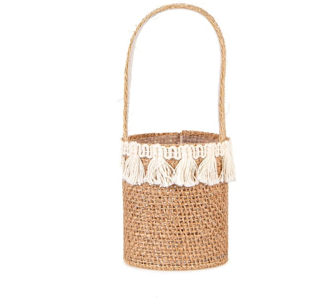 HOBI - Jute mandje rustieke stijl met witte pompons 12 x 5,5 cm