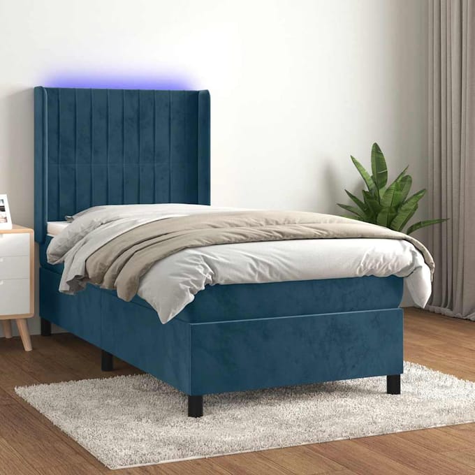 vidaXL - Boxspring - met - matras - en - LED - fluweel - donkerblauw - 100x200 - cm
