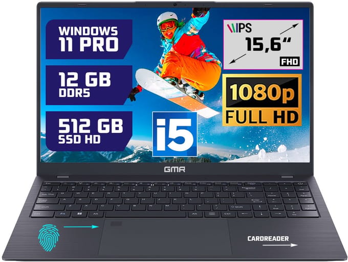 GMR - 15.6 Inch Full HD Laptop - Intel Core i5 - 12GB DDR5 RAM - 512GB SSD - Windows 11 Pro voor Thuis, Office en Studie notebook