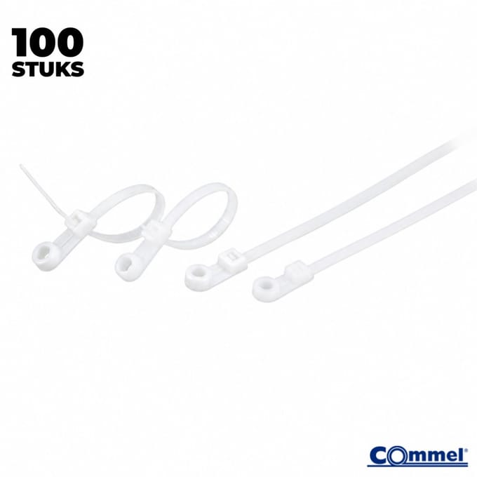 100x Commel Kabelbinders met Bevestigingsoog - ⌀4.5 mm - 100 x 3.6 mm - Wit - Nylon - Treksterkte 18kg