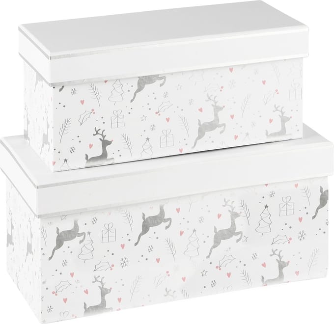 Dekoratief | Set 2 dozen rechthoek 'Dancing Reindeer', wit/zilver, 24x12x12cm | A235599