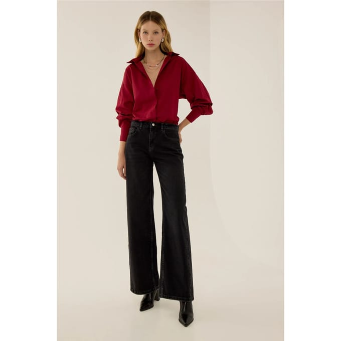 Geplooide Effect Gestikte Wijde Jeans