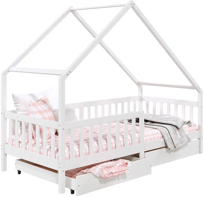 ALVA-bed in huisvorm, 90 x 200 cm, van massief grenenhout met lades - wit