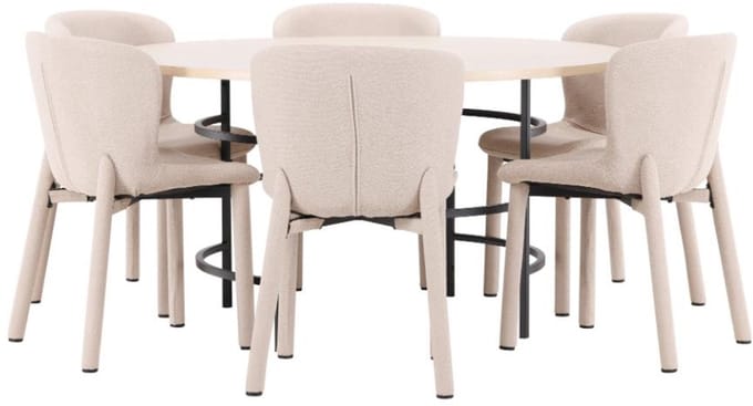 Copenhagen eethoek tafel Ø140cm en 6 stoelen whitewash, beige.