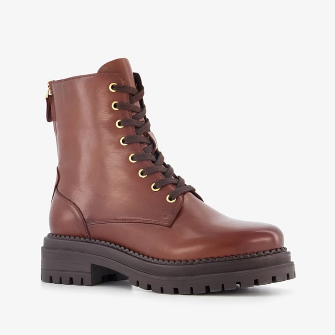 Harper leren dames veterboots met rits cognac - Maat 37