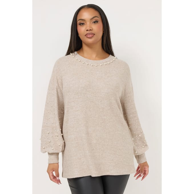 Yours Natuurlijk Bruine Trui Met Parelversiering Size 44