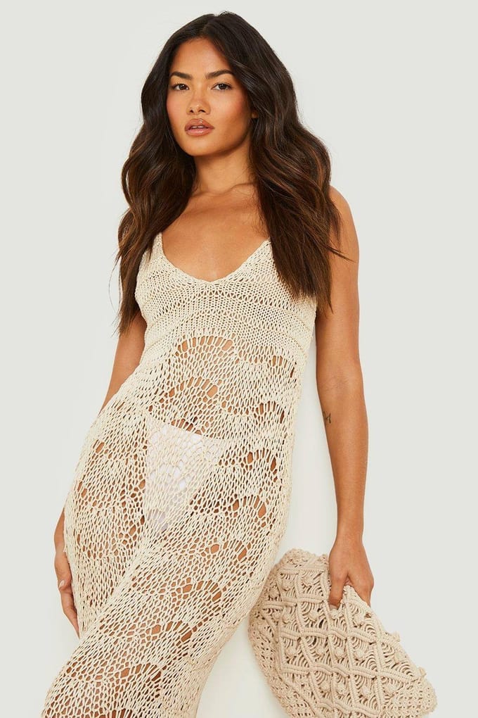 boohoo Dames Crochet Scallop Scoop Strandjurk | Creme | Maat: Medium
