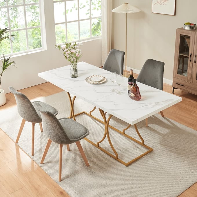 Eettafel Figa rechthoekig 180x80 cm marmerlook wit en goudkleurig [en.casa]