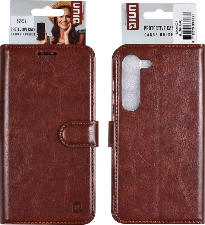 UNIQ Accessory Galaxy S23 Book Case hoesje - Pasjeshouder voor 3 pasjes - Magneetsluiting - Hanger - Bruin