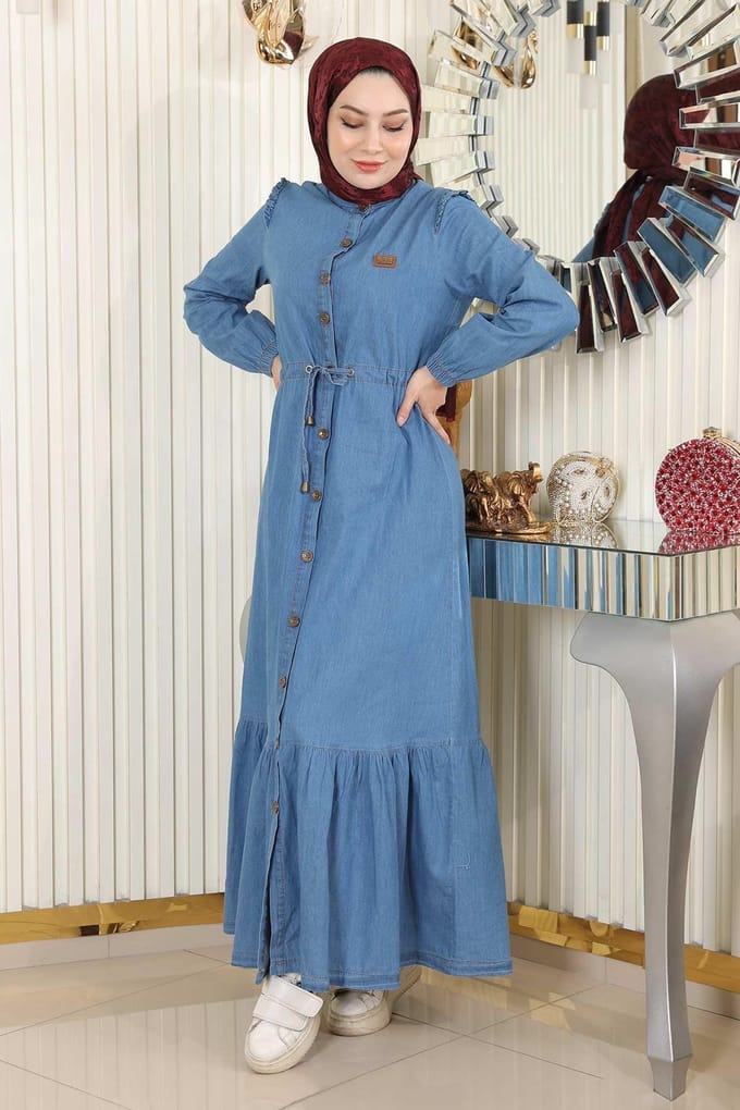 Taillekoord Geknopt Denim Jurk Lichtblauw
