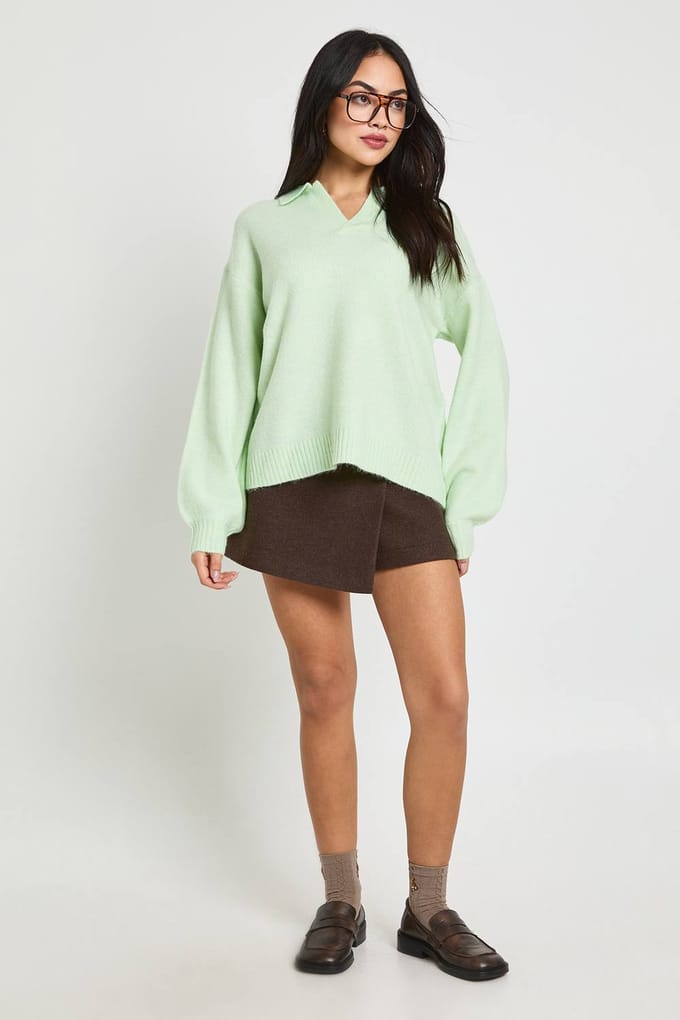boohoo Dames Super Zachte V-Hals Gebreide Trui met Kraag | Sage | Maat: Medium