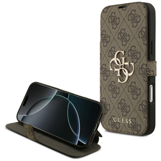 Guess 4G Big Metal Logo Book Wallet Case hoesje voor iPhone 17 Pro Max - Bruin