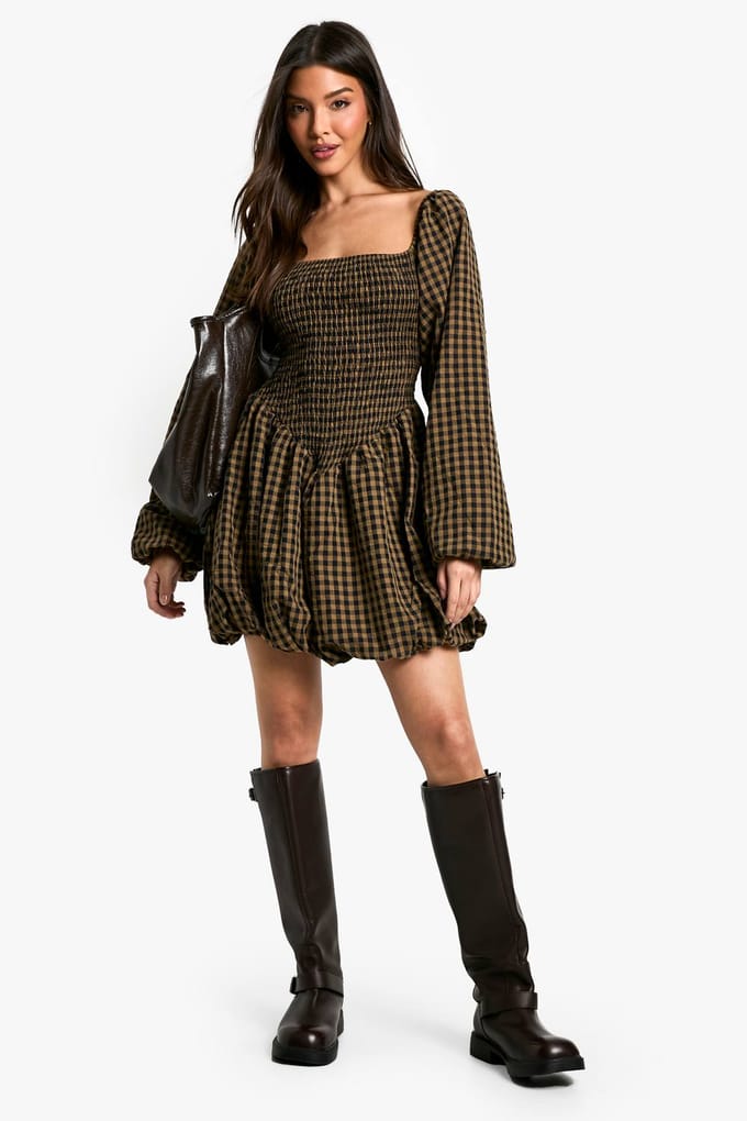 boohoo Dames Check Shirred Long Sleeve Puff Sleeve Mini Dress | Bruin | Maat: 40
