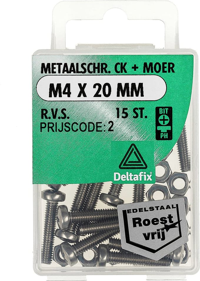 Deltafix. Bout met. MOER M4 x 20 mm. lang. Cilinderkop. R.V.S.-A2. 15 Stuks Metaal schroeven.