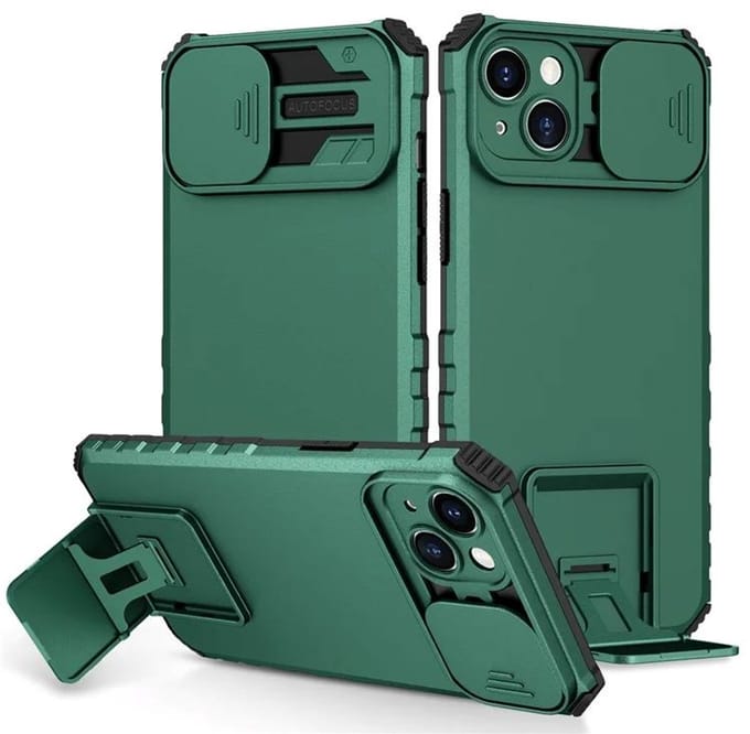 Cityhoesje - iPhone 15 Plus-14 Plus- Slide Camera Lid – BackCover - Anti-drop Kickstand - Groen