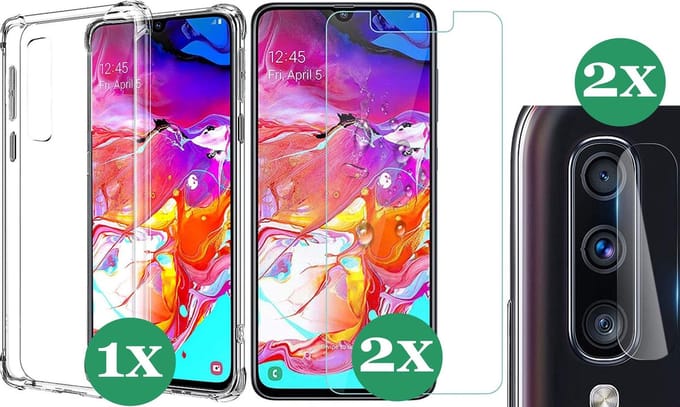 Hoesje geschikt voor Samsung Galaxy A70 - 2x Screenprotector Glas & 2x Camera Screen Protector - Transparant Shock Case