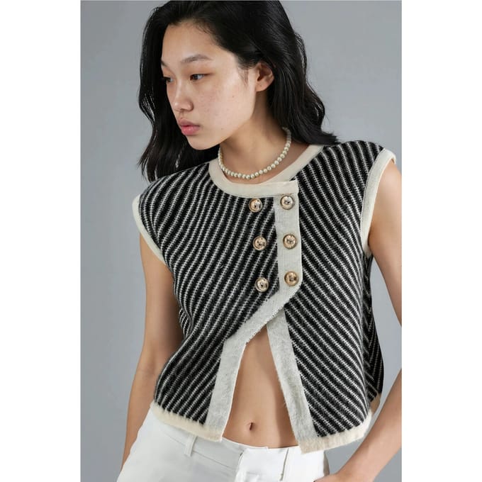 Gestreepte Gebreide Cropped Vest met Knopen Sluiting