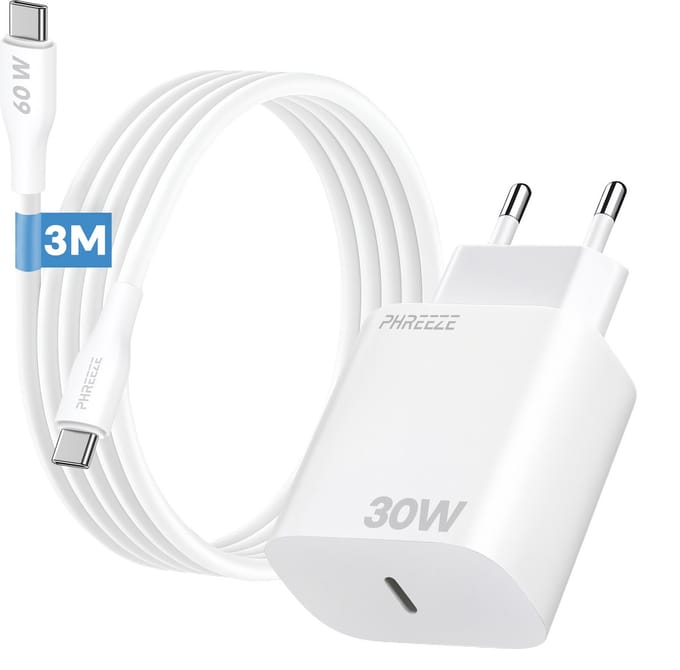 Phreeze 30W usb C adapter set - Oplader met usb C naar usb C kabel 3 meter - Wit