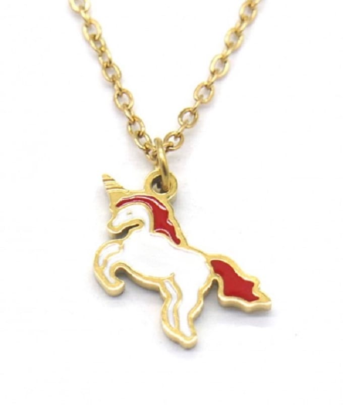 Kinderketting stainless steel eenhoorn goud met rood