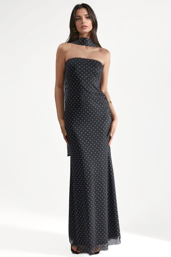 Polkadot Strapless Maxi Jurk met Sjaal Detail